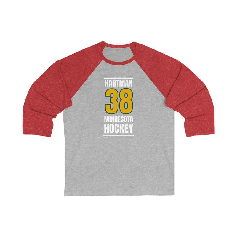 Hartman 38 Minnesota Hockey Gold Vertical Design Unisex Tri-Blend 3/4 Sleeve Raglan Baseball Shirt