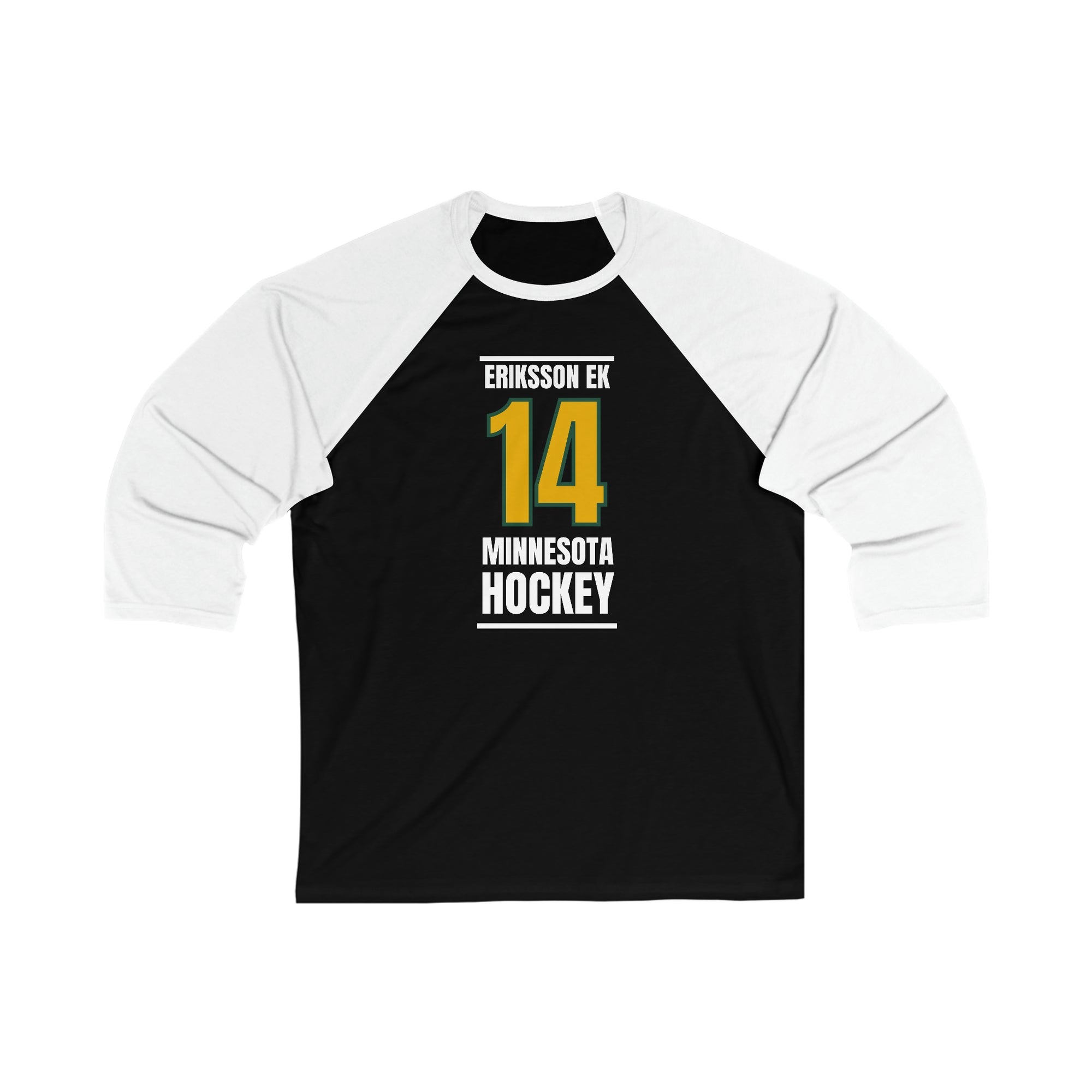 Eriksson Ek 14 Minnesota Hockey Gold Vertical Design Unisex Tri-Blend 3/4 Sleeve Raglan Baseball Shirt