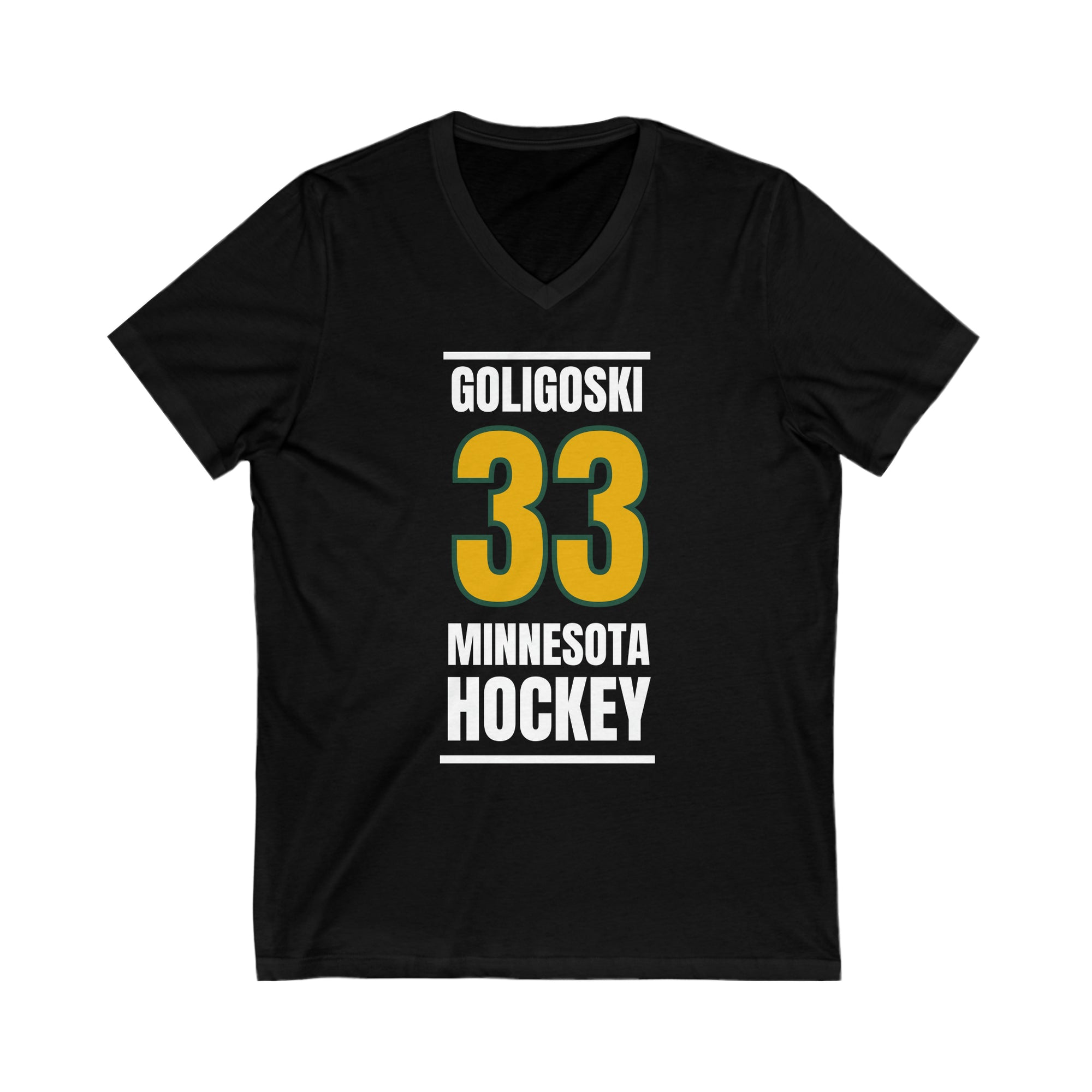 Goligoski 33 Minnesota Hockey Gold Vertical Design Unisex V-Neck Tee
