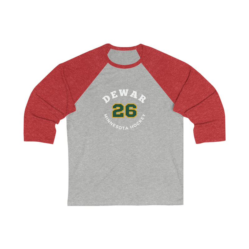 Dewar 26 Minnesota Hockey Number Arch Design Unisex Tri-Blend 3/4 Sleeve Raglan Baseball Shirt