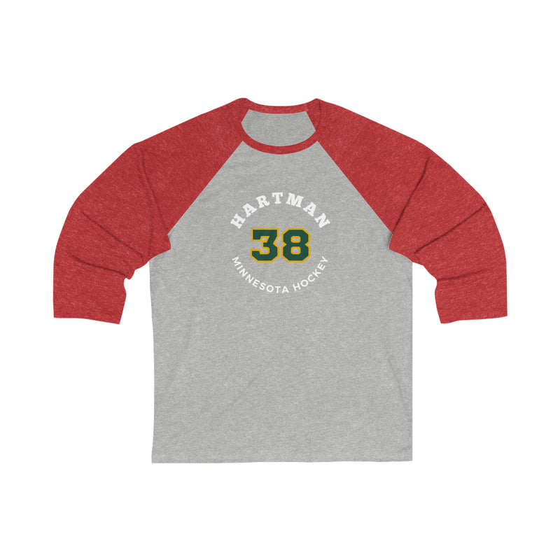 Hartman 38 Minnesota Hockey Number Arch Design Unisex Tri-Blend 3/4 Sleeve Raglan Baseball Shirt