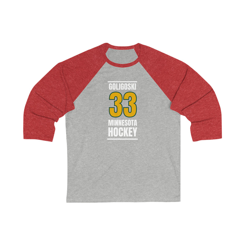 Goligoski 33 Minnesota Hockey Gold Vertical Design Unisex Tri-Blend 3/4 Sleeve Raglan Baseball Shirt