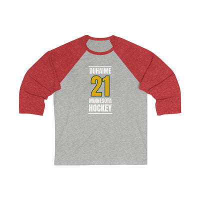 Duhaime 21 Minnesota Hockey Gold Vertical Design Unisex Tri-Blend 3/4 Sleeve Raglan Baseball Shirt