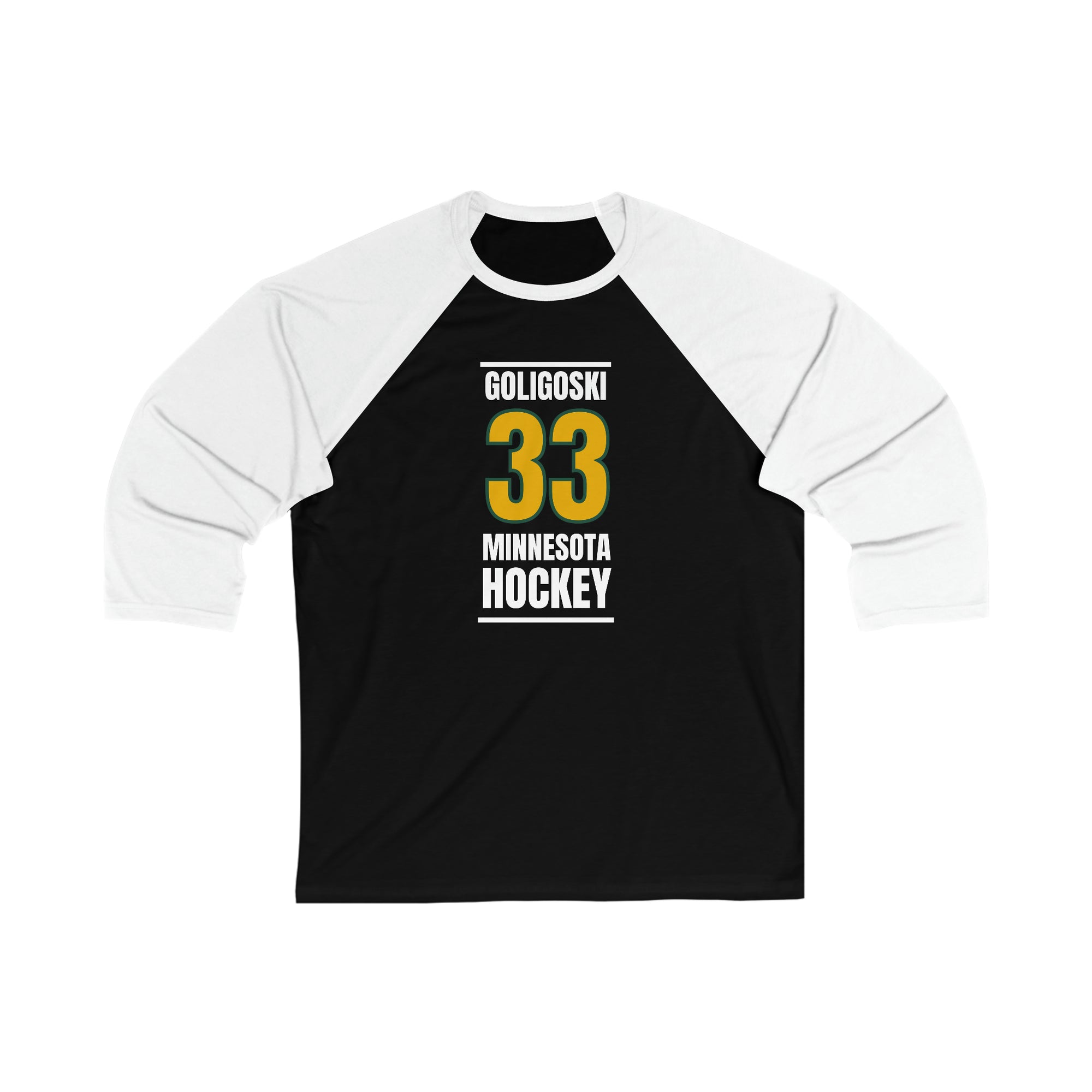 Goligoski 33 Minnesota Hockey Gold Vertical Design Unisex Tri-Blend 3/4 Sleeve Raglan Baseball Shirt