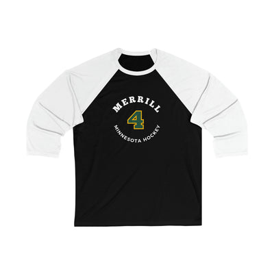 Merrill 4 Minnesota Hockey Number Arch Design Unisex Tri-Blend 3/4 Sleeve Raglan Baseball Shirt