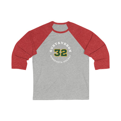 Gustavsson 32 Minnesota Hockey Number Arch Design Unisex Tri-Blend 3/4 Sleeve Raglan Baseball Shirt