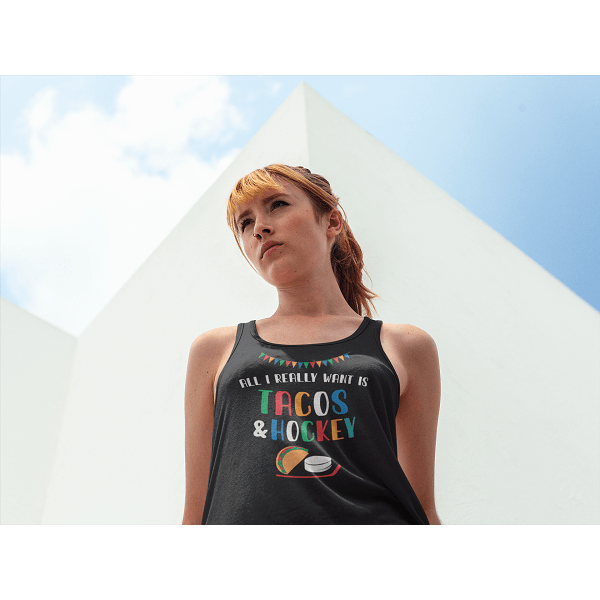 "All I Really Want Is Tacos And Hockey" Women's Tri-Blend Racerback Tank Top